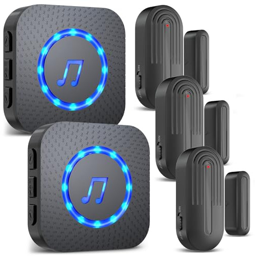 SANJIE Wireless Door Alarm Sensor Chime 2 UK Plug in Receivers 3 Sensors | 500FT Operating Range 55 Chimes 5 Volume Level with Mute Mode LED Indicators,Door Alarm Sensor for Home Store Office