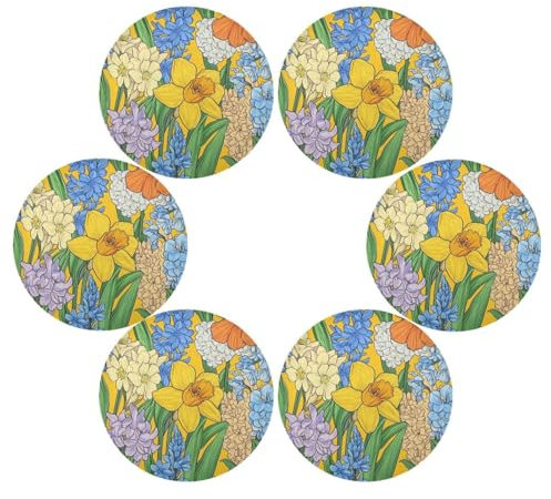Fiori primaverili narcisi giacinti Daylily giallo rotondo lavabile tovagliette riutilizzabili tovagliette per tavolo da pranzo in vinile impermeabile 6 tovagliette 39,1 x 39,1 cm