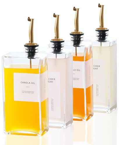 Hniuyun 4 Pcs Oil Bottles for Kitchen, 500ml Glass Olive Oil, Vinegar & Coffee Syrup Dispenser with Drip-Free Spouts, Waterproof Labels & Silicone Funnel, Gold