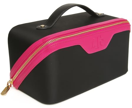 The London Train Case Co. Kosmetikkoffer, erweiterbar, veganes Leder, zweifarbig, 24 x 12 x 12 cm, schwarz / pink, Luxuriöse Reise