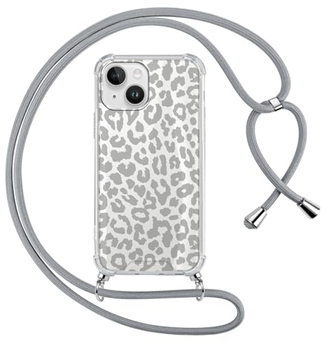 ZhuoFan Coque avec Cordon pour iPhone 13/iPhone 14 6,1, Aesthetic Motif Léopard Case Étui Transparent Silicone+PC Lanyard Housse de Protection avec Collier Gris Réglable Corde Cover pour Femmes, 04