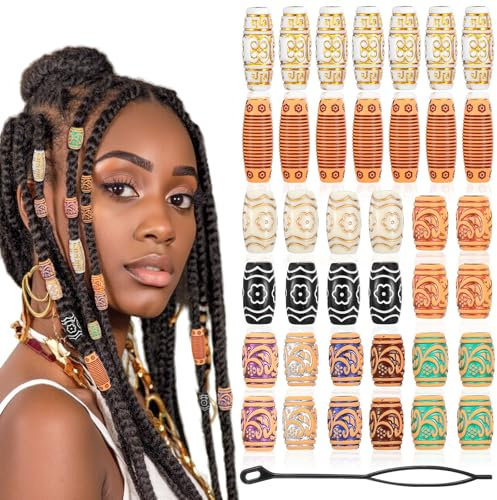 38Pcs Wooden Hair Beads for Braids, Hair Jewellery Bead for Black Women, Multi Shape Beads for Necklace Bracelet DIY Craft Handmade Decoration Dreadlock Accessories