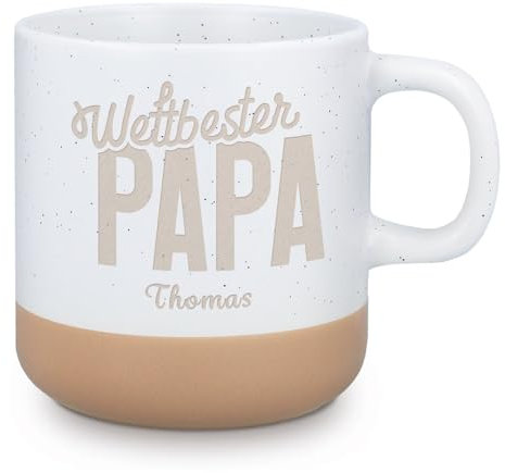 GRAVURZEILE Engraved Stoneware Mug – Weltbester Papa – Personalised with Name – Gift for Dad for Father's Day & Birthday – 360 ml – Dishwasher Safe – Ceramic Coffee Mug with Engraving
