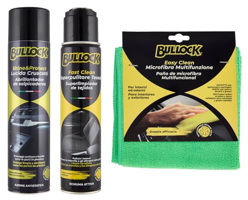 Bullock Car Care, Set Pulizia Professionale composto da 3 prodotti per interni - Ripristina colore e brillantezza alle plastiche e ai Tessuti dell'Interno dell'Auto con panno in microfibra