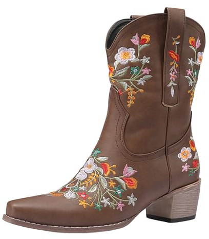 Stövlar dam Mid calf stövlar damstövlar med tjock klack och spetsigt tåparti, retrostil, medelklack, ytterkläder, broderi, fashionabla, lediga, medelhöga gummistövlar bred skaft, BRUN, 40.5 EU
