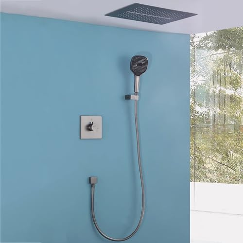 BiaoTeng Colonna Doccia a Incasso Soffione a Soffitto Waterfall 3 Modalità Caldo e Freddo Ottone Set Soffione Doccia Completo Grigio