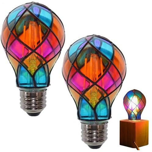 2 Pack Stained Glass Light Bulb | E26 4W 120V LED Colorful Lightbulb | Painted Glass LED Light Bulb | Romantic Lighting for Halloween Party Festive Bedside Lamp Indoor Christmas Room Decor