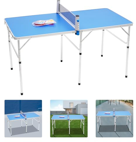 MIUKYUI Mesa de ping pong plegable portátil de MDF y aleación de aluminio, capacidad de carga de 20 kg, para exteriores e interiores, juego completo con red y raquetas, ideal para camping y jardín