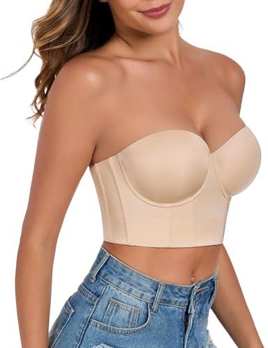 Lemorosy Women's Longline Strapless Bra Full Coverage Bustier Anti Slip Underwire Full Figure Plus Size Corset Top (34DD,Beige)