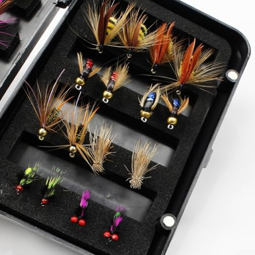 Oniissy Kit de moscas de pesca con mosca con ninfas secas y húmedas, hormigas para lubina, trucha, salmón, juego variado de 32/24 piezas compatible con pesca de agua dulce, uso en primavera, verano y