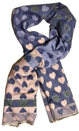 XXL Wendeschal Herzen allover & Karomuster – 190 x 70 cm – versch. Farben | Kuschelig weiches Halstuch – Damenmode für Herbst, Winter, Frühling – 100% Viskose, Handwäsche – 2-Seitig – Seaside No.64
