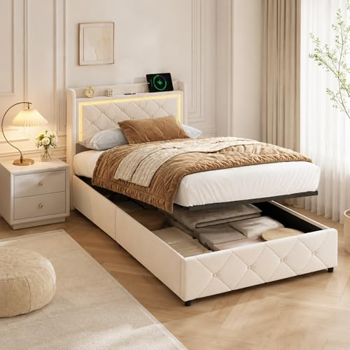 Letto Singolo con Contenitore 90x200 cm, Struttura Letto Contenitore con LED e USB, Letti Singoli con spazio di archiviazione idraulico, Letto Singolo Imbottito con Testata, senza materasso