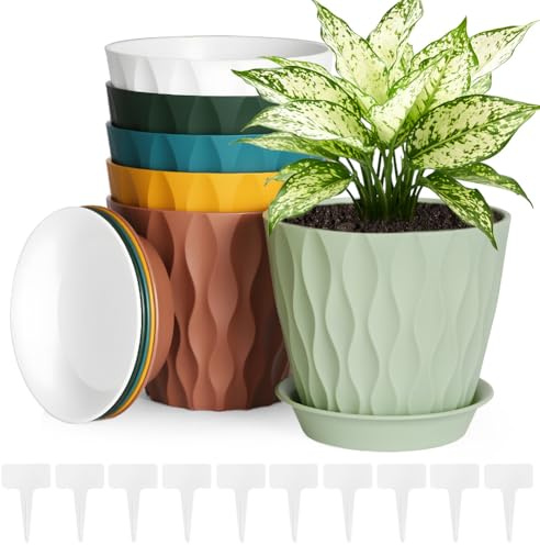 vsshe Macetero con Plato, 6pcs Maceta Redonda Clásica de Plástico con Agujeros de Drenaje, 11cm Altura x 12.5cm Diámetro Superior x 8cm Diámetro Base, Apto balcón, Patio, Interior/Exterior（6 Colores）