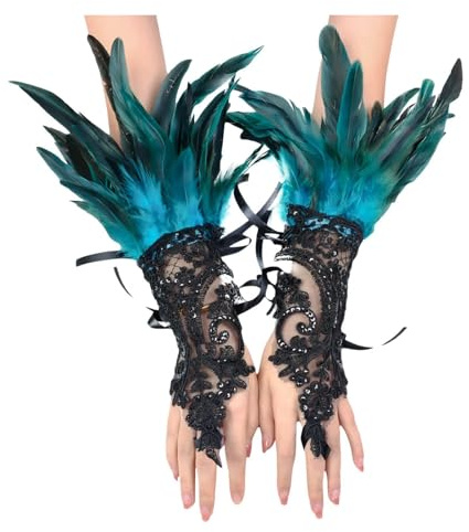 Spitze Feder Fingerlose Handschuhe Damen 20er Jahre Gothic Lila Federmanschetten Federn Kostüm Karneval Kostüme Frauen Kostümzubehör Federarmband für Faschingsball Halloween Oper Cosplay Party