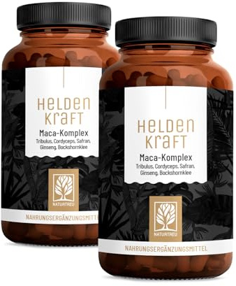 NATURTREU® Maca Kapseln hochdosiert - Maca Extrakt mit Tribulus terrestris | Cordyceps, Bockshornklee, Zink, Ginseng, Safran, Selen - 180 Kapsel - Vegan - Vorteilsbundle 2er Paket