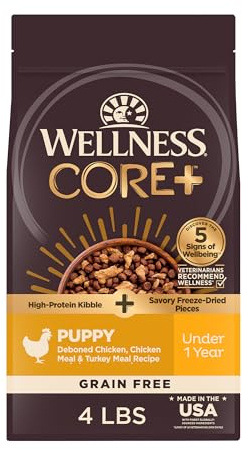 Wellness CORE+ Puppy Dry Dog Food with Freeze Dried Pieces, Grain Free, High Protein, Natural, Chicken & Turkey Recipe, (4-Pound Bag)
