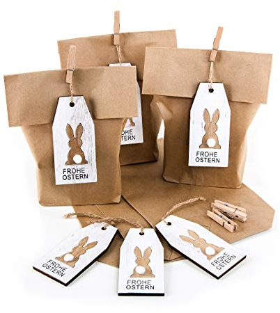 Logbuch-Verlag 6 Osternest Geschenktüten mit Frohe Ostern Anhänger Osterhase aus Holz 16 x 26 x 6,5 cm für Kinder Kunden Kollegen Freunde und Gäste