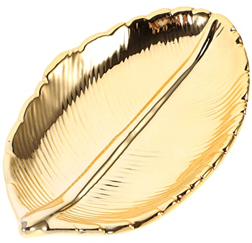 VOSAREA Golden Schmuckteller, Keramik Schmuckschale, Blattförmiges Kosmetiktablett Schmuck Tablett Ring Dish Tray Organizer für Schlüssel Ringe Halsketten Ohrringe