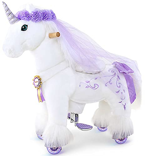 PonyCycle Offizielle Prämie Modell K Reiten auf Einhorn Spielzeug Plüsch Lauftier Einhorn mit lila Horn Größe 3 für Alter 3-5 Jahre Kleine K31