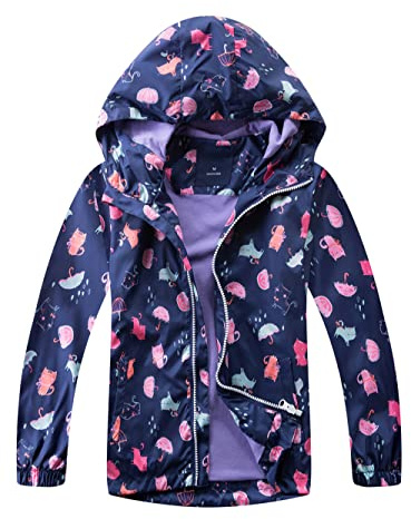 YoungSoul Girls Lightweight Waterproof Jacket Kids Soft Lined Cat Printed Raincoat School Rain Mac School Windbreaker Navy 9-10 Years/Size 140