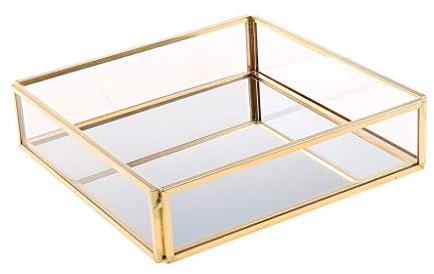 guanjunLI Spiegel Goldenes Tablett Dekotablett Spiegeltablett Glastablett Make-Up Kosmetik Obstteller Aufbewahrungskoffer Organizer Verspiegelt Dekoration Tablett Platte