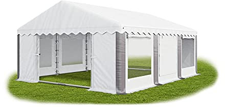 Das Company Partyzelt 4x6m Lagerzelt Universalzelt Pavillon mit Moskitonetz weiß-grau mit Bodenrahmen und Dachverstärkung Zelt 240g/m² PE Plane wasserdicht Gartenpavillon Summer Plus IPEM