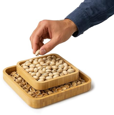 Pistazien-Snackschale mit Muschelaufbewahrung - Magnetischer Doppelschalenhalter für Nüsse, Sonnenblumenkerne & Snacks - Stilvolles Bambus-Sockel-Design (9,45 x 9,45 x 2,76) - Tolles Geschenk für