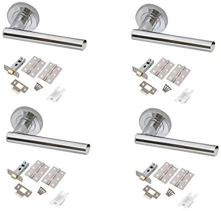 Golden Grace T-Bar Door Handle Set with Latch, Polished Chrome, 4 Sets | Includes 4 pairs of polished chrome handles, 3-inch hinges, 63mm tubular latches, spindle and screws for easy fitting.