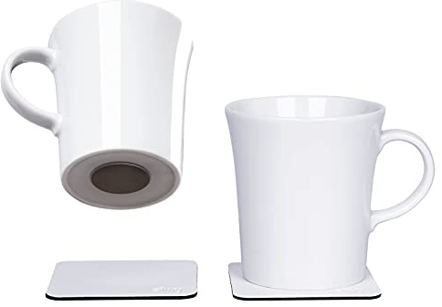silwy® Porzellan Magnet-Henkel-Tassen (2er Set) inkl. zwei Metall-Nano-Gel-Pads WHITE - rutschfeste Camping- und Caravaningtassen, Boot- und Yachtzubehör