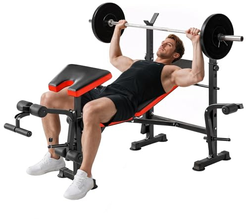 HOMCOM Banco de Pesas Multifuncional Banco de Musculación con Respaldo Ajustable Soporte de Barras Extensión de Piernas Almohadilla de Predicador Mariposa Entrenamiento en Gimnasio Oficina Negro