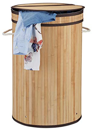 1 x bambutvättkorg, rund tvättkorg med gångjärnslock, 65 l, vikbar tvättkorg, Ø 40 cm, tvättbehållare, natur