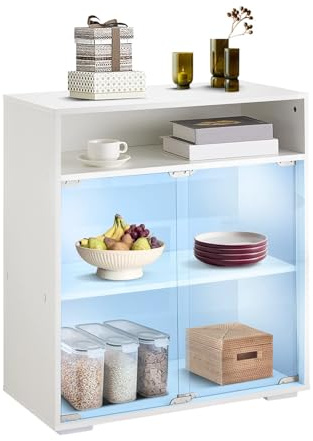 LEMROE White Sideboard with LED Lights Modern Display Cabinets with Glass Doors and Open Shelves for Living Room Kitchen Cupboards 70cm Wide (35D x 70W x 80H cm)