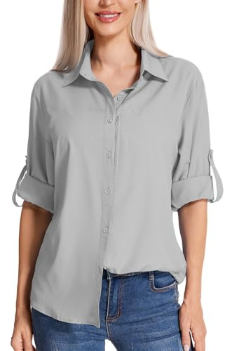 Camisas de senderismo con protección solar para mujer, de manga larga, ligeras, de secado rápido, ropa de safari para viajes, pesca, camisa cargo, 5019# Gris, XL