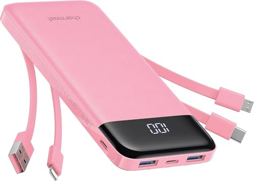 charmast Portable Charger with Built in Cables, Power Bank with Cords Wires, Slim 10000mAh Travel Battery Pack 6 Outputs 3 Inputs 3A Fast Charging for Samsung Google Pixel LG Moto iPhone iPad