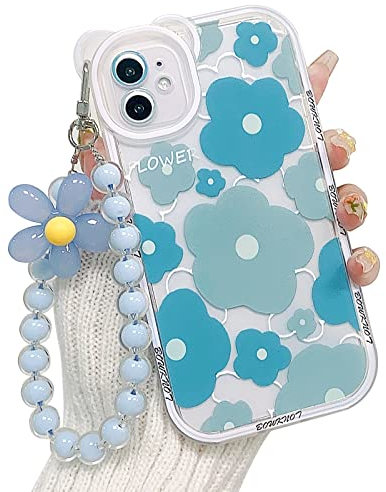 NITITOP Compatible for iPhone 11 Case Clear Floral Bear Camera Lens Case with Lovely Flower Bracelet Chain for Women Girls, Soft TPU Shockproof Protective -Blue