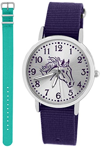 Pacific Time Kinderuhr Mädchen Pferdeuhr Geschenk-Set Violett Türkis
