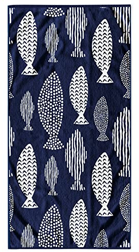 RESTILO Strandtuch groß 90x180 cm Strandlaken 100% Baumwolle Frottee Fish | Velours Badetuch Pflegeleicht weich und saugfähig Schnelltrocknendes Strand Handtuch blau weiß