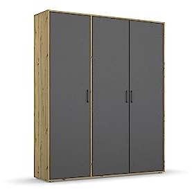 Rauch Möbel Voyager Schrank Kleiderschrank Drehtürenschrank, Grau metallic/Eiche Artisan, Holz, Schwarz, 3-türig, inkl. 1 Kleiderstange, 4 Einlegeböden BxHxT 140x194x53 cm