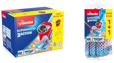 Vileda SuperMocio Pack Special - 1 Tête de Balai 3 Action + 2 Têtes Microfibre Power & Recharge SuperMocio 3Action, Paquet de 2, pour Tous Les systèmes de Balai espagnols Vileda
