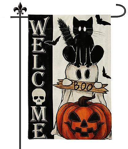 Bandiera Halloween da Giardino a Doppia Faccia 30x45cm - Zucca di Gatto Spettrale Spaventoso per Decorazione Interni ed Esterni