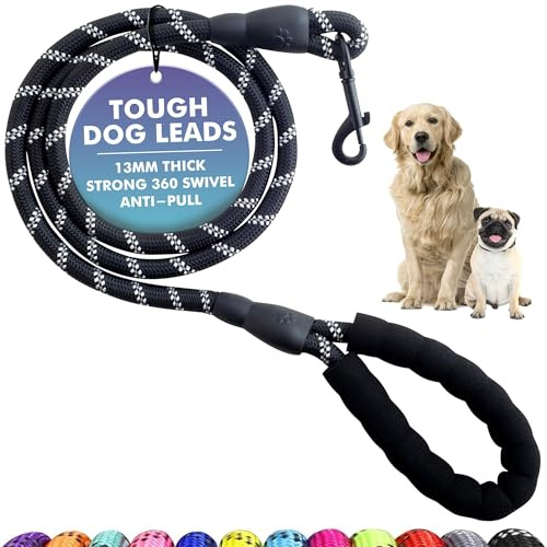 Spanner In The Works® | Black Dog Leads For Large Dogs - Reflective Strong Dog Lead, 1.5 Metre Long Rope Lead, Thick 13mm Anti Pull Leash | Comfort Handle, Strong 360 Swivel Leashes