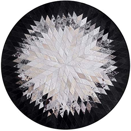 Moderner runder Rindsleder-Teppich mit schwarzem Rand, Kuhfell-Patchwork – Wohnzimmer-Teppich aus echtem Leder, Arbeitszimmer, Büro, Rutschfester Läufer (Durchmesser 160 cm)