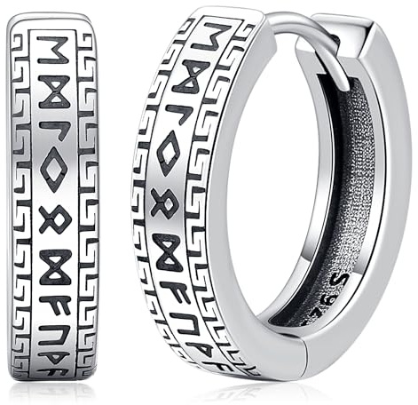 Unisex Creolen Wikinger Ohrringe für Herren 925 Sterling Silber Viking Rune/Thor Hammer/Raben/Keltisch Knoten Creolen Schwarze Ohrringe Geschenke Schmuck für Herren Damen