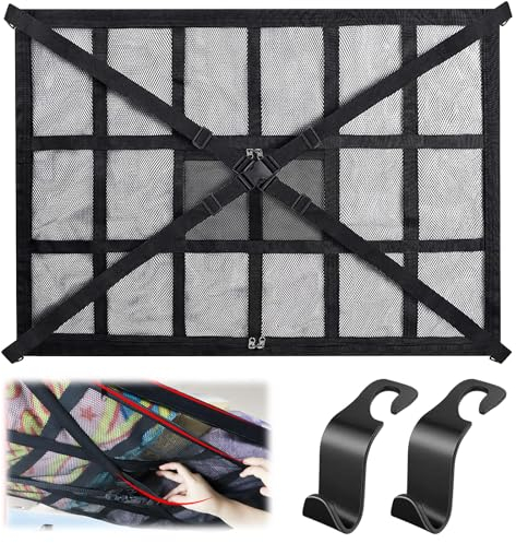 Rete Portaoggetti Da Soffitto per Auto, 90x65cm Rete per Bagagli Auto, Rete Portaoggetti Auto Con Cerniera, Doppio Strato Tettuccio Auto per Tettuccio Auto, Organizer per Quattro Braccioli, Suv