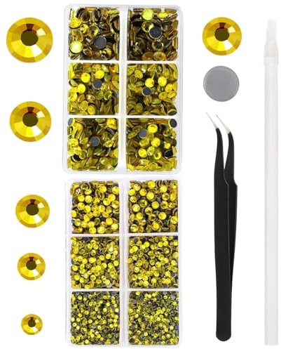 YHMQ DU 6616 piezas de diamantes de imitación de cristal amarillo Hotfix para vasos, ropa, camisas, parte trasera plana brillante, con pinzas y bolígrafo de recogida (Set SS6-SS30)
