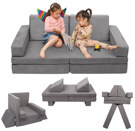 Betterhood Modular Kids Play Couch, Kids Couch Building Fort for Playroom, Children Convertible Foam Cushion for Boys and Girls (Square Armrest, Grey)
