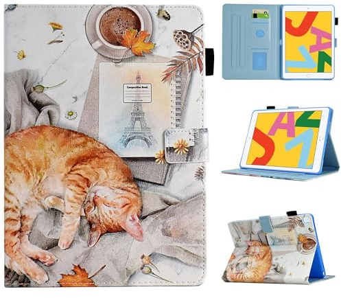 Byceke Hülle für iPad 9. Generation 2021/ iPad 8. Generation 2020/ iPad 7. Generation 2019 Hülle, iPad 10.2 Pu Leder Hülle mit Bleistifthalter, Auto Schlafen/Wachen Hülle Case, Faule Katze