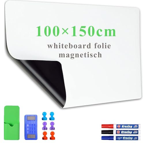 Lyzzxi Whiteboard Folie, 100 * 150cm Magnetisch Selbstklebend Weißwandtafel Folie, Memoboard zum Schreiben, Inklusive Marker und Schwamm, Wandfolie für glatten Oberflächen in Schule Büro Haus