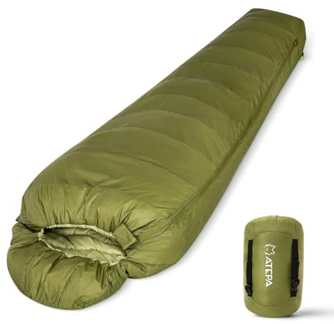 ATEPA 700FP Down Sleeping Bag for Adults, Ultralight 0 Degree Mummy Sleeping Bag with RDS Down & Recycled 15D Nylon Shell for Backpacking Camping Hiking, ISO Limit 35°F, Green