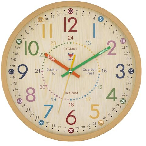 Foxtop Reloj de aprendizaje para niños – Reloj de aprendizaje sin ruido de tictac – Reloj analógico para niños para aprender y practicar la hora – 24 horas – Decorativo para habitación infantil, 30 cm